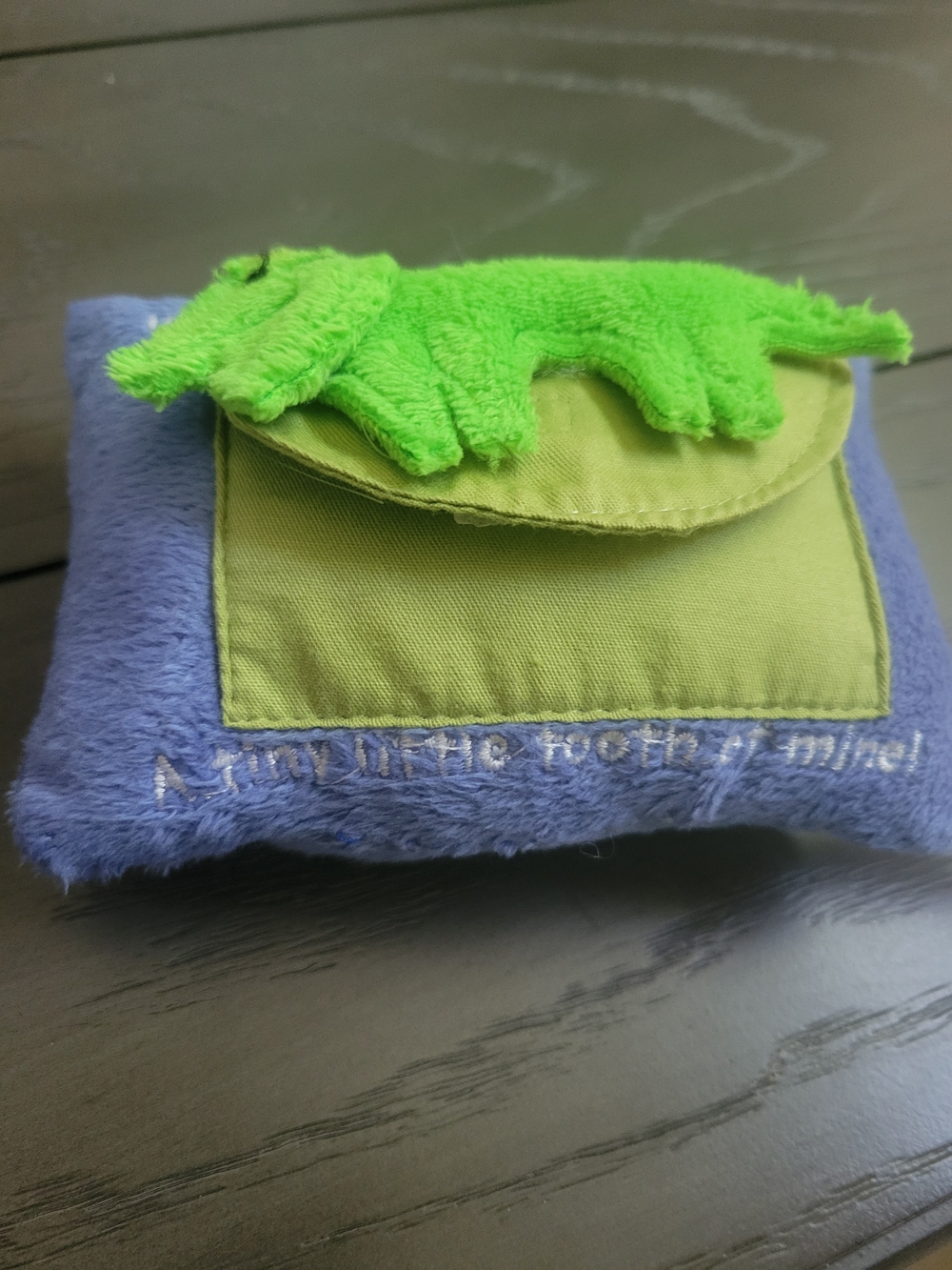 Tooth fairy pillow featuring an embroidered green dino